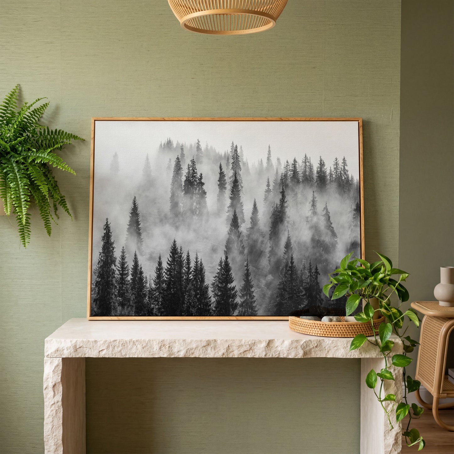 Misty Evergreen Forest Canvas Wall Art, Fog Through the Trees in white oak floating frame