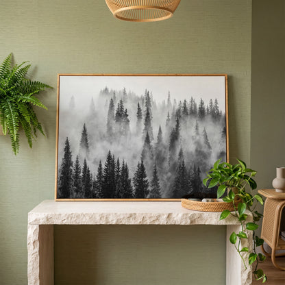 Misty Evergreen Forest Canvas Wall Art, Fog Through the Trees in white oak floating frame