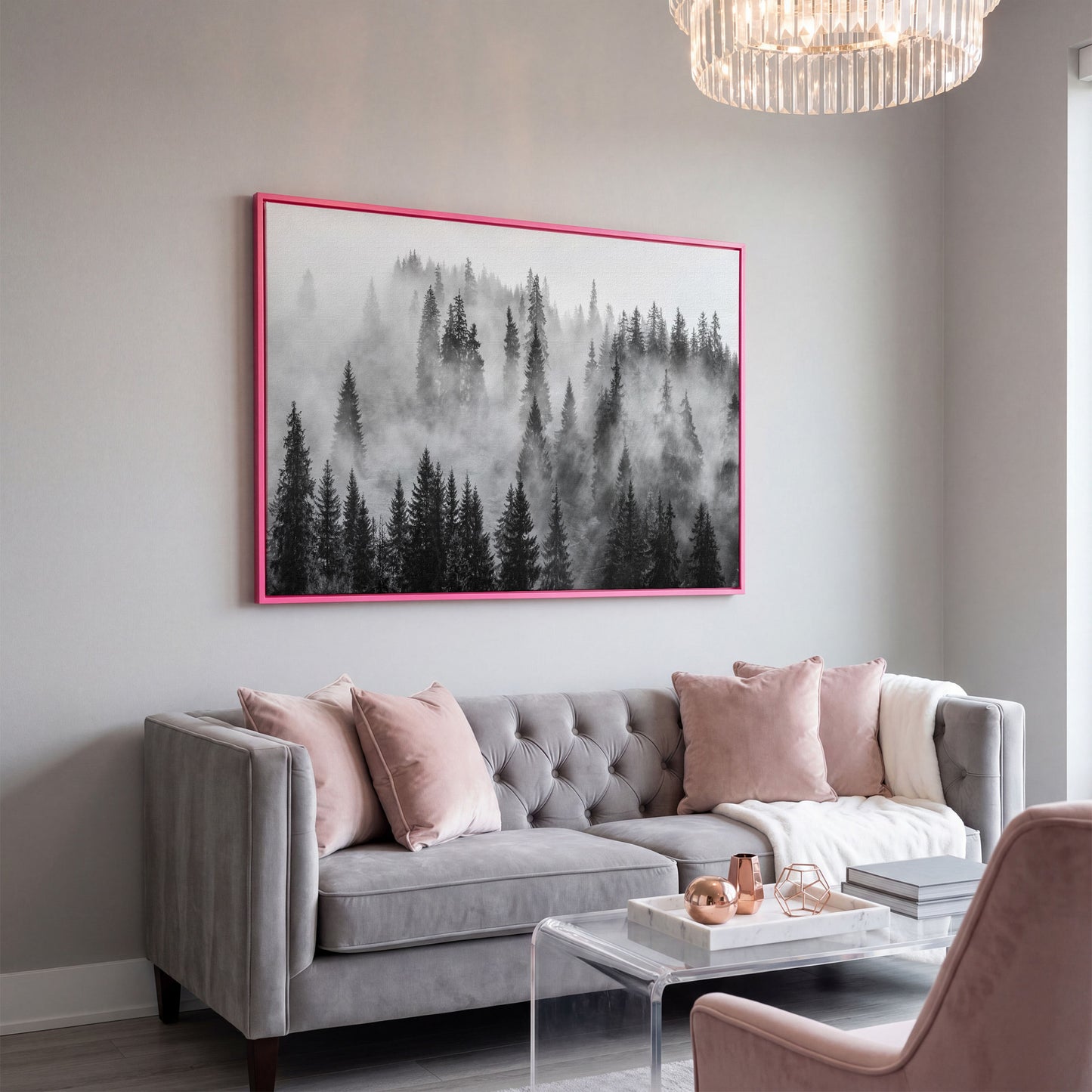 Misty Evergreen Forest Canvas Wall Art, Fog Through the Trees in pink floating frame