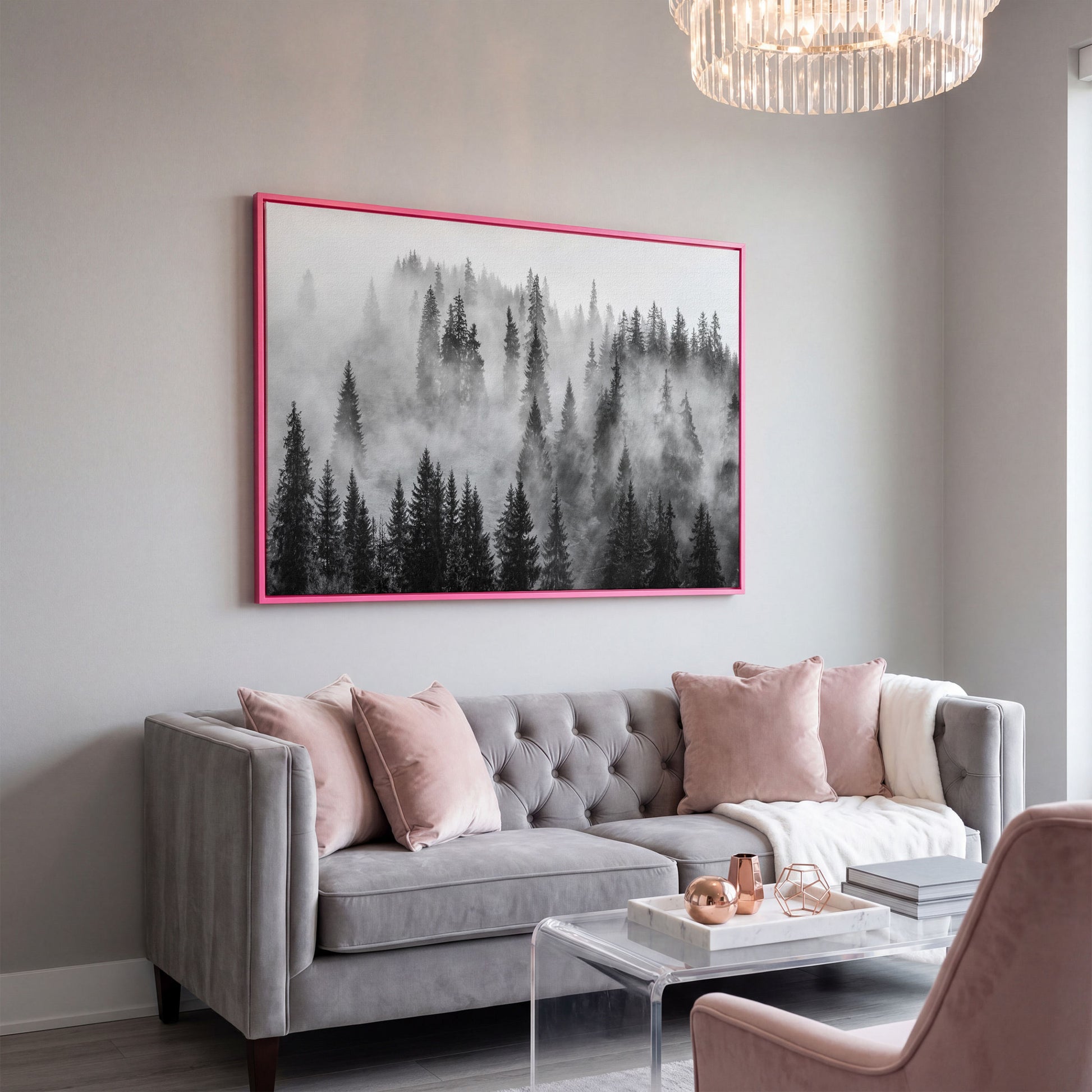 Misty Evergreen Forest Canvas Wall Art, Fog Through the Trees in pink floating frame