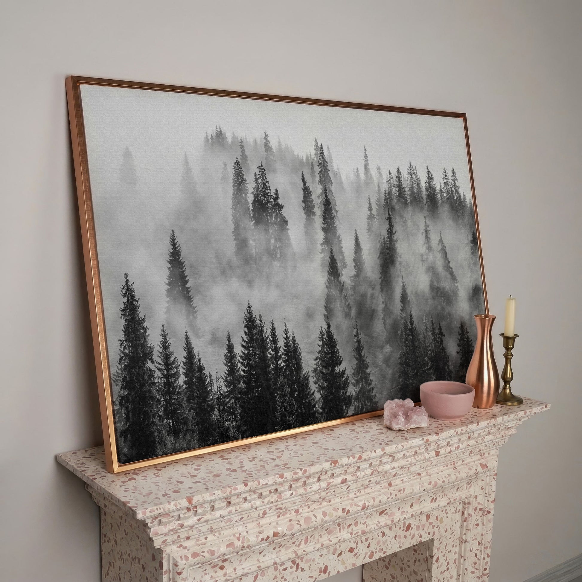 Misty Evergreen Forest Canvas Wall Art, Fog Through the Trees in rose gold floating frame