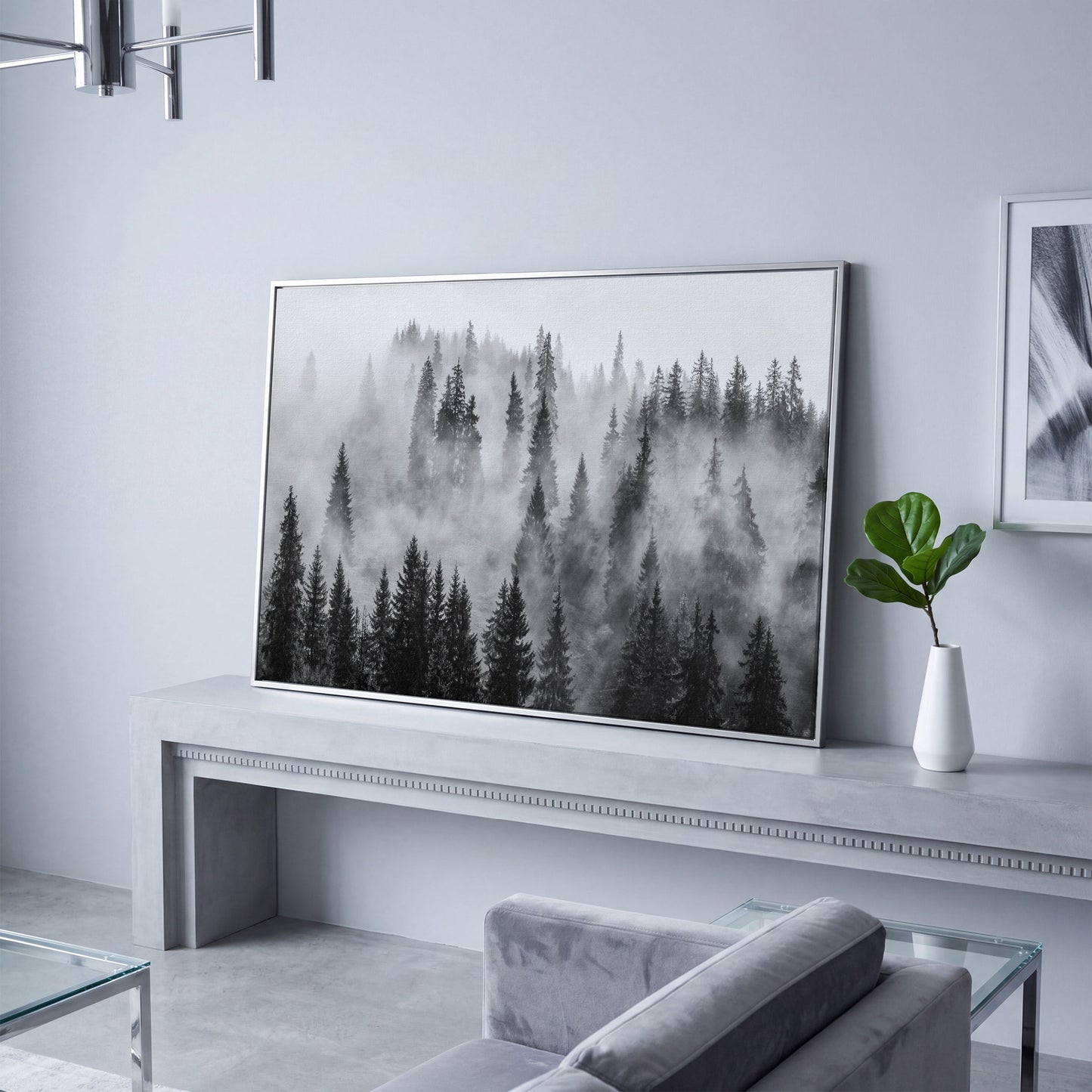 Misty Evergreen Forest Canvas Wall Art, Fog Through the Trees in silver floating frame