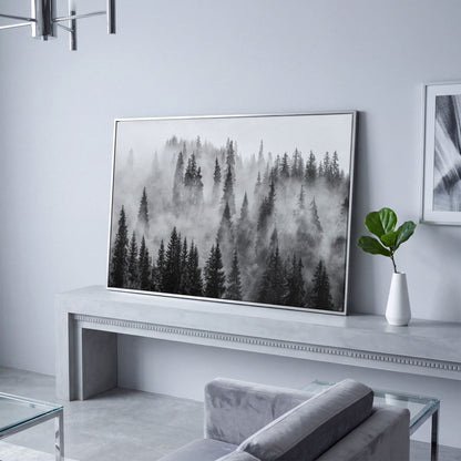 Misty Evergreen Forest Canvas Wall Art, Fog Through the Trees in silver floating frame
