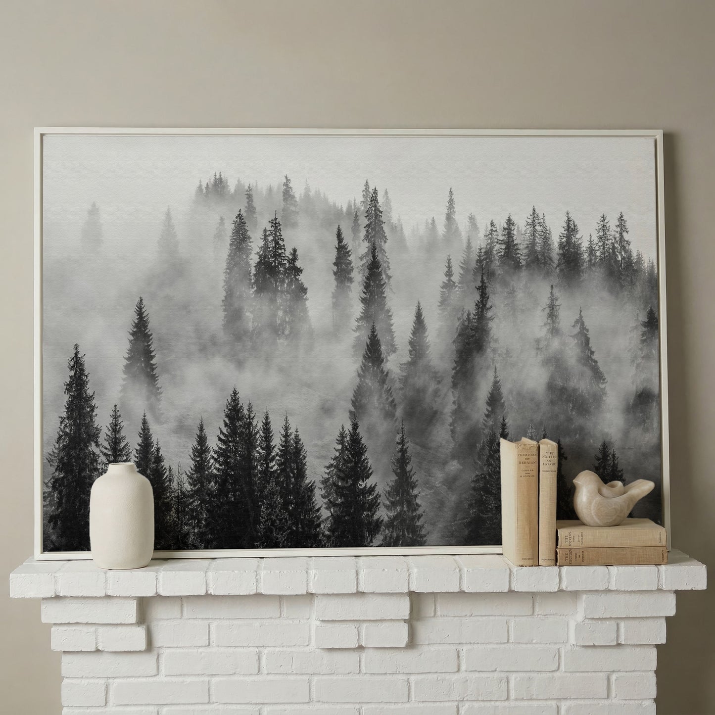 Misty Evergreen Forest Canvas Wall Art, Fog Through the Trees in white floating frame