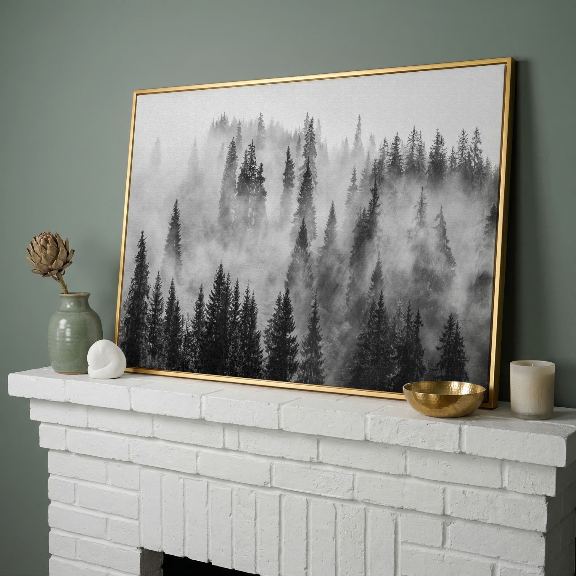 Misty Evergreen Forest Canvas Wall Art, Fog Through the Trees in yellow gold floating frame
