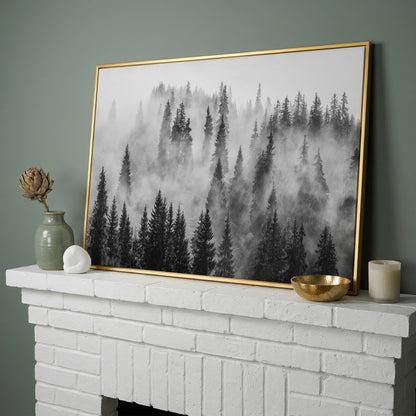 Misty Evergreen Forest Canvas Wall Art, Fog Through the Trees in yellow gold floating frame