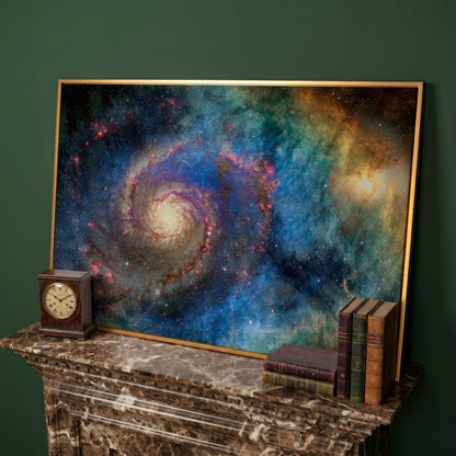 Spiral Galaxy Canvas Wall Art, Space Print Up to 94 Inches Wide in antique gold floating frame