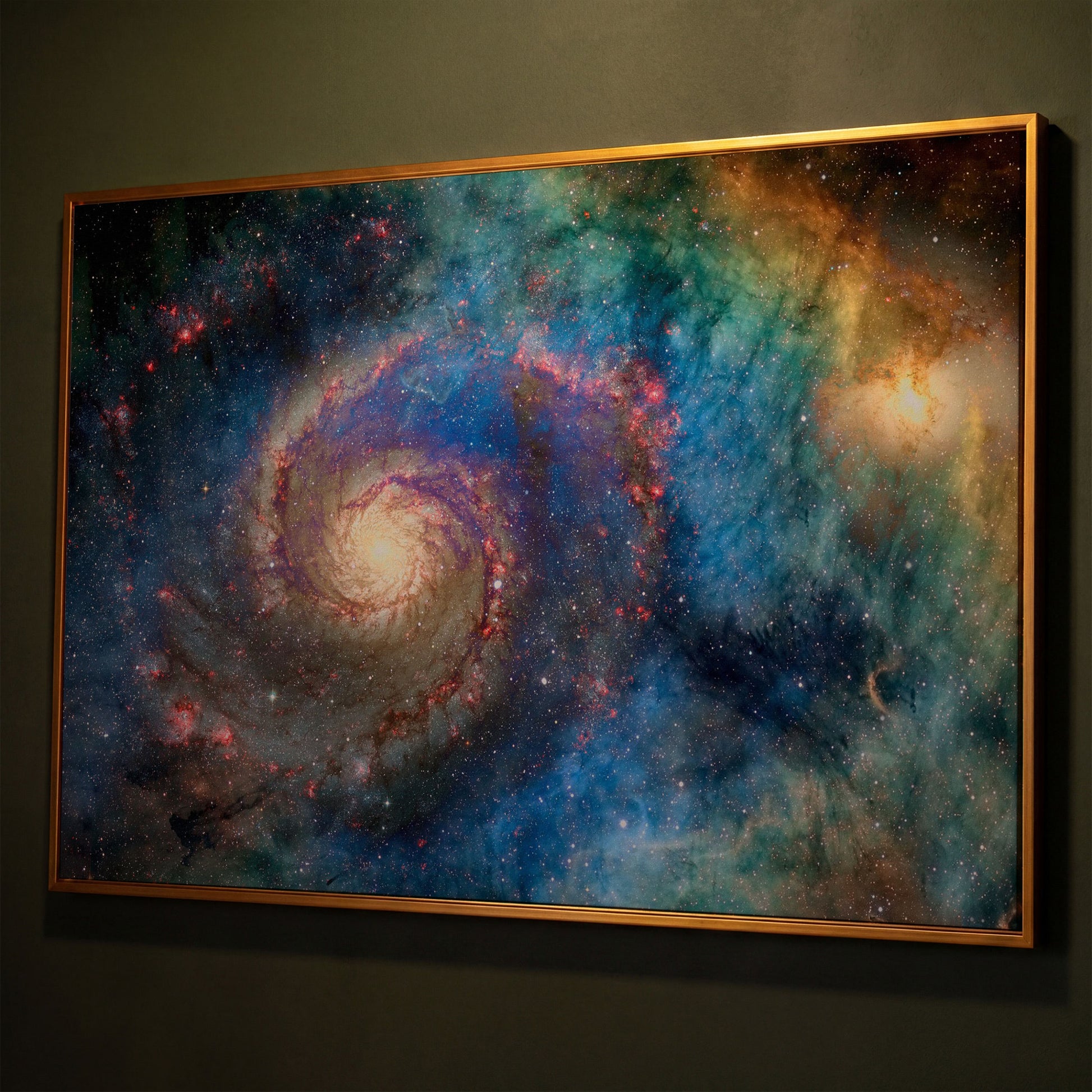 Spiral Galaxy Canvas Wall Art, Space Print Up to 94 Inches Wide shown in antique gold floating frame