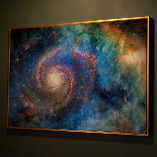 Spiral Galaxy Canvas Wall Art, Space Print Up to 94 Inches Wide shown in antique gold floating frame