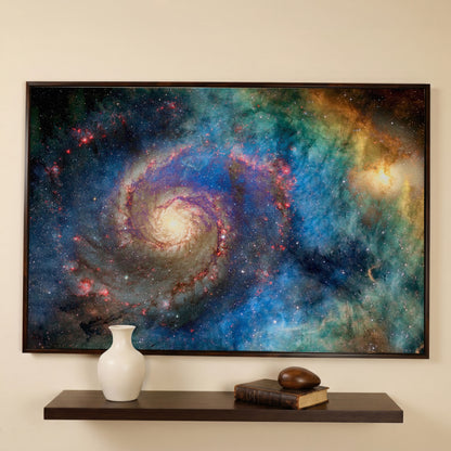 Spiral Galaxy Canvas Wall Art, Space Print Up to 94 Inches Wide in dark walnut floating frame