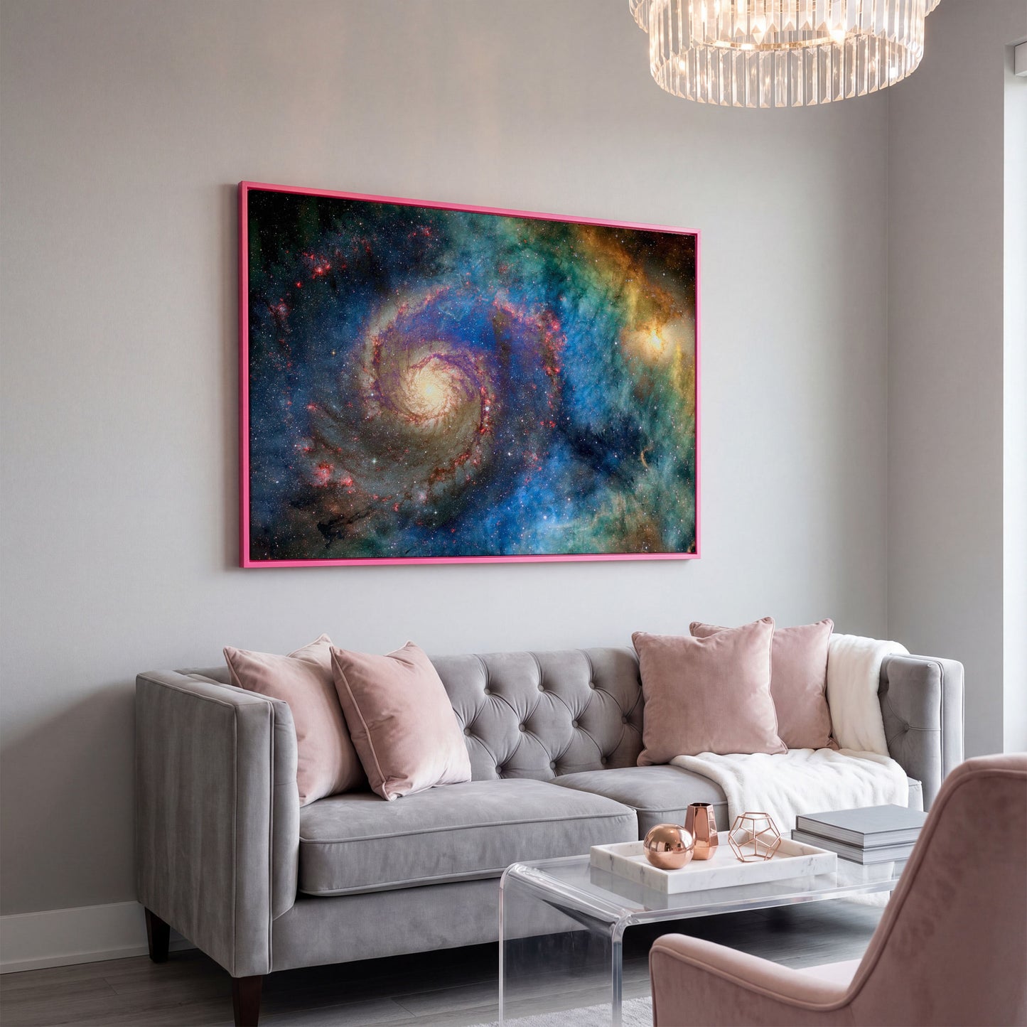 Spiral Galaxy Canvas Wall Art, Space Print Up to 94 Inches Wide in pink floating frame