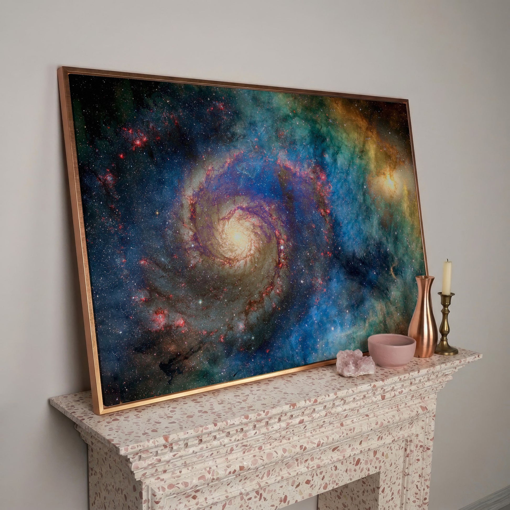 Spiral Galaxy Canvas Wall Art, Space Print Up to 94 Inches Wide in rose gold floating frame