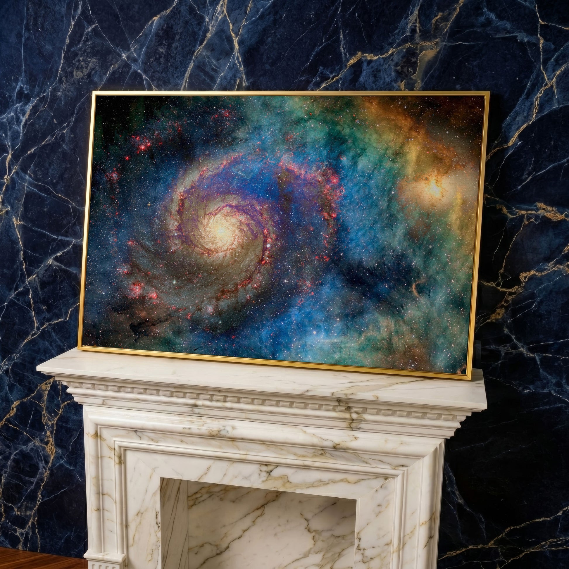 Spiral Galaxy Canvas Wall Art, Space Print Up to 94 Inches Wide in yellow gold floating frame