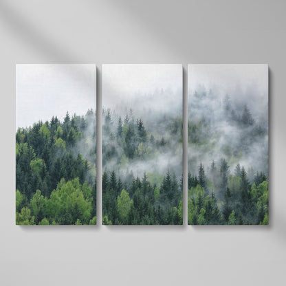 Misty Pine Forest Canvas Wall Art, Foggy Landscape Print as 3-panel split version