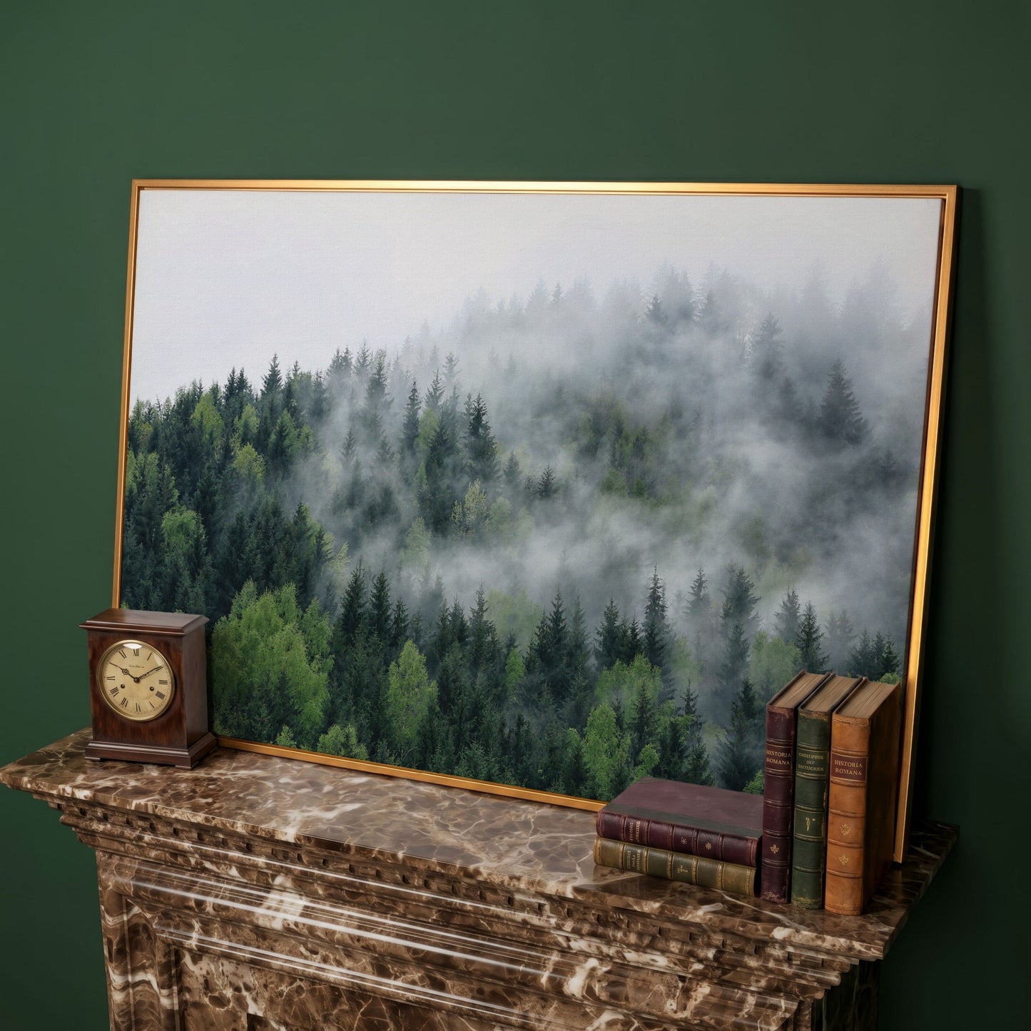 Misty Pine Forest Canvas Wall Art, Foggy Landscape Print in antique gold floating frame