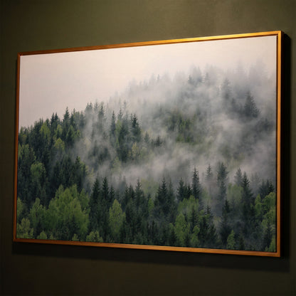 Misty Pine Forest Canvas Wall Art, Foggy Landscape Print shown in antique gold floating frame