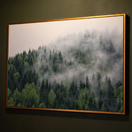 Misty Pine Forest Canvas Wall Art, Foggy Landscape Print shown in antique gold floating frame