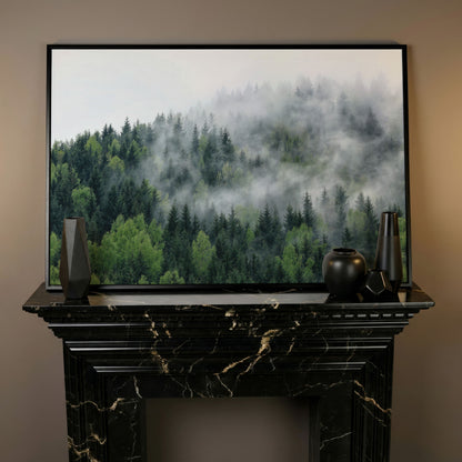 Misty Pine Forest Canvas Wall Art, Foggy Landscape Print in black floating frame