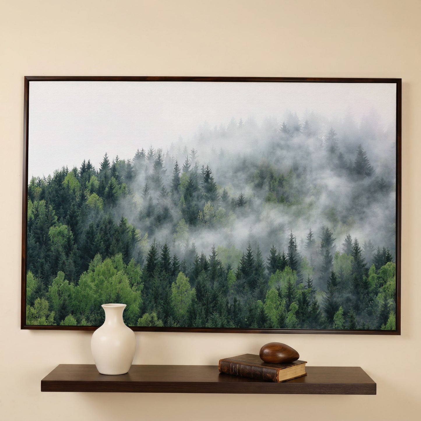 Misty Pine Forest Canvas Wall Art, Foggy Landscape Print in dark walnut floating frame