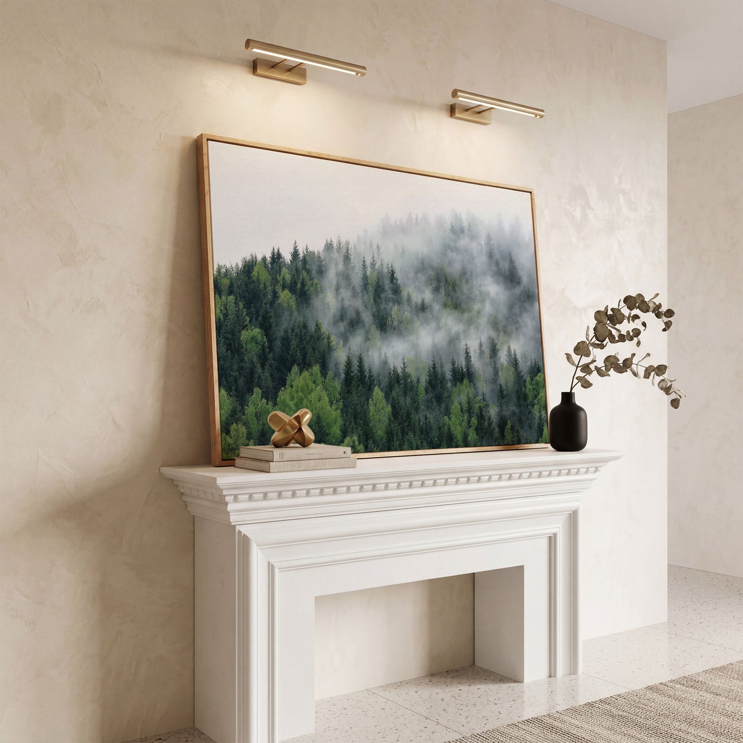 Misty Pine Forest Canvas Wall Art, Foggy Landscape Print in white oak floating frame