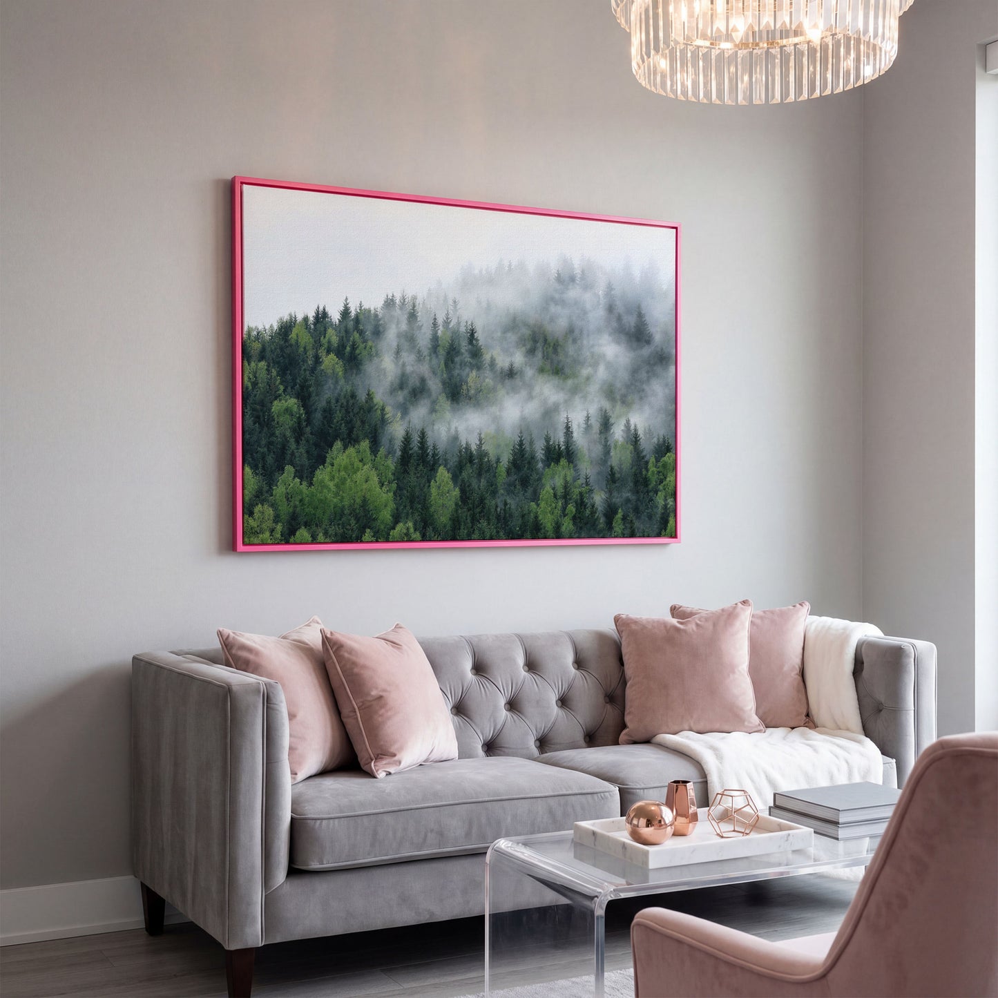 Misty Pine Forest Canvas Wall Art, Foggy Landscape Print in pink floating frame