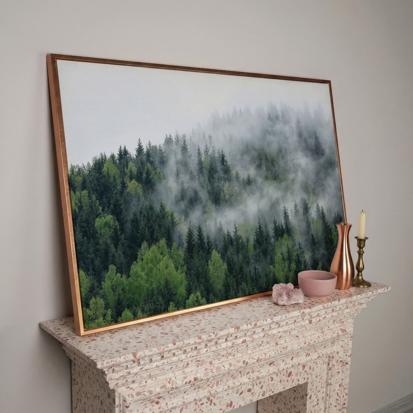 Misty Pine Forest Canvas Wall Art, Foggy Landscape Print in rose gold floating frame