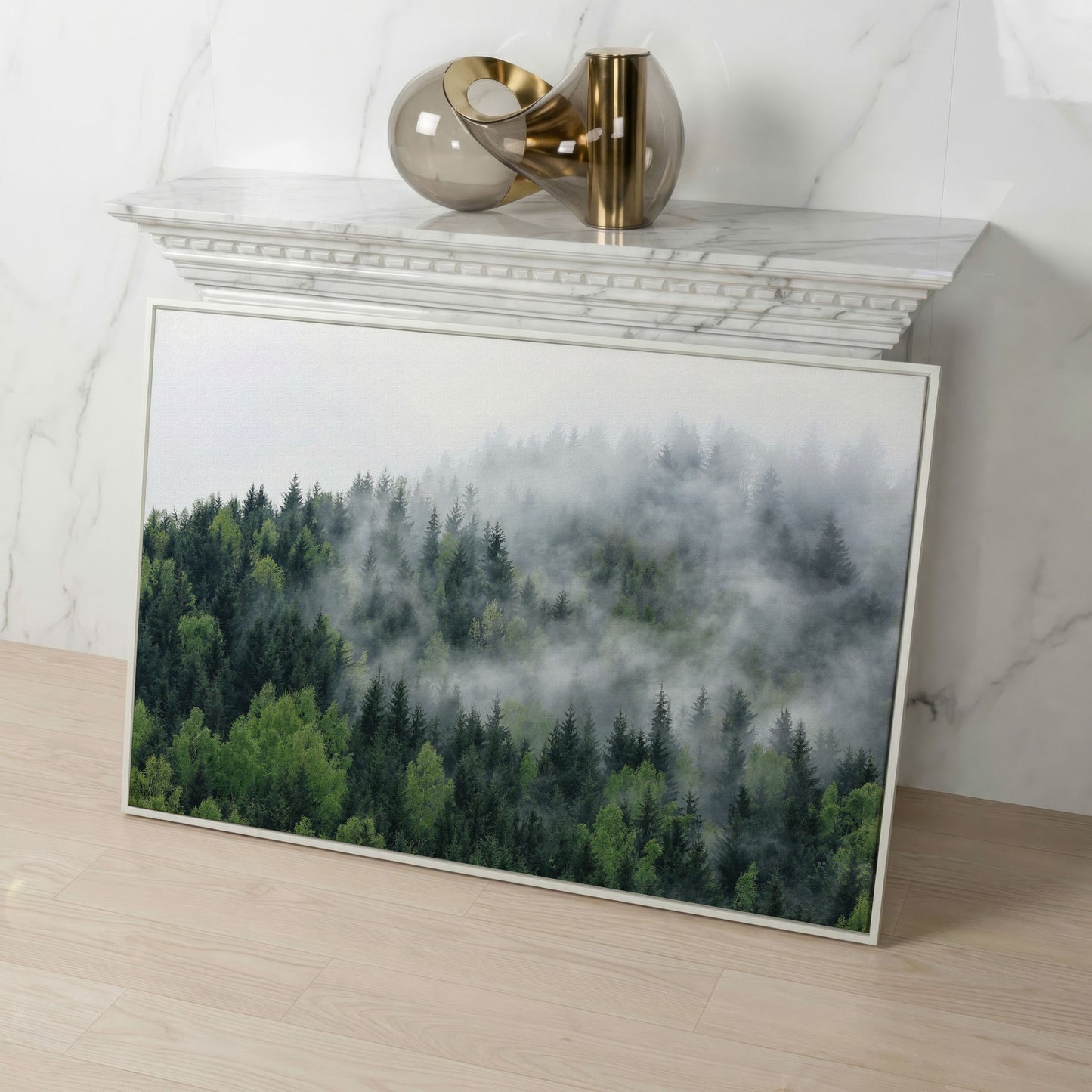 Misty Pine Forest Canvas Wall Art, Foggy Landscape Print in white floating frame
