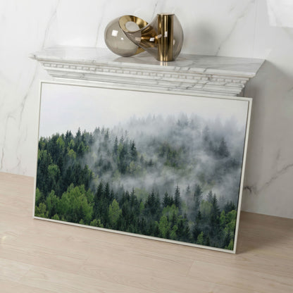 Misty Pine Forest Canvas Wall Art, Foggy Landscape Print in white floating frame