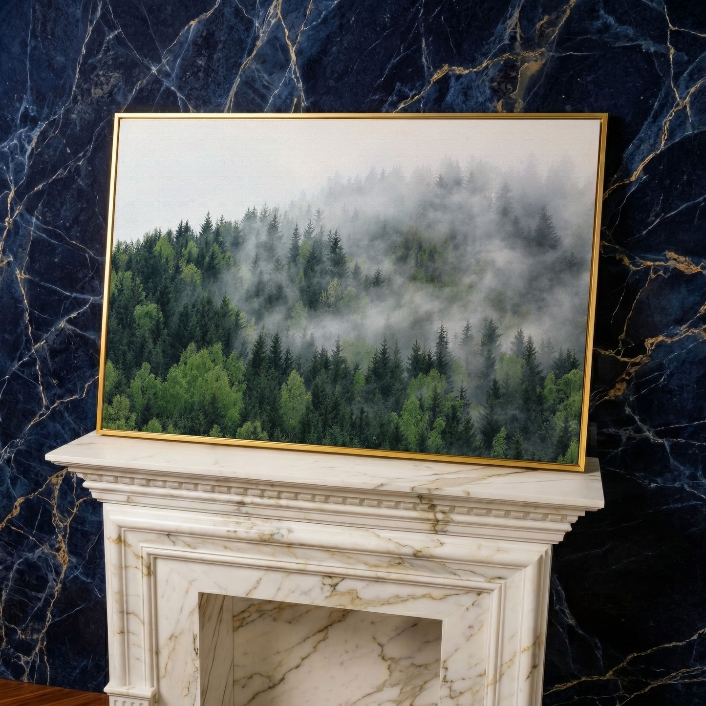 Misty Pine Forest Canvas Wall Art, Foggy Landscape Print in yellow gold floating frame