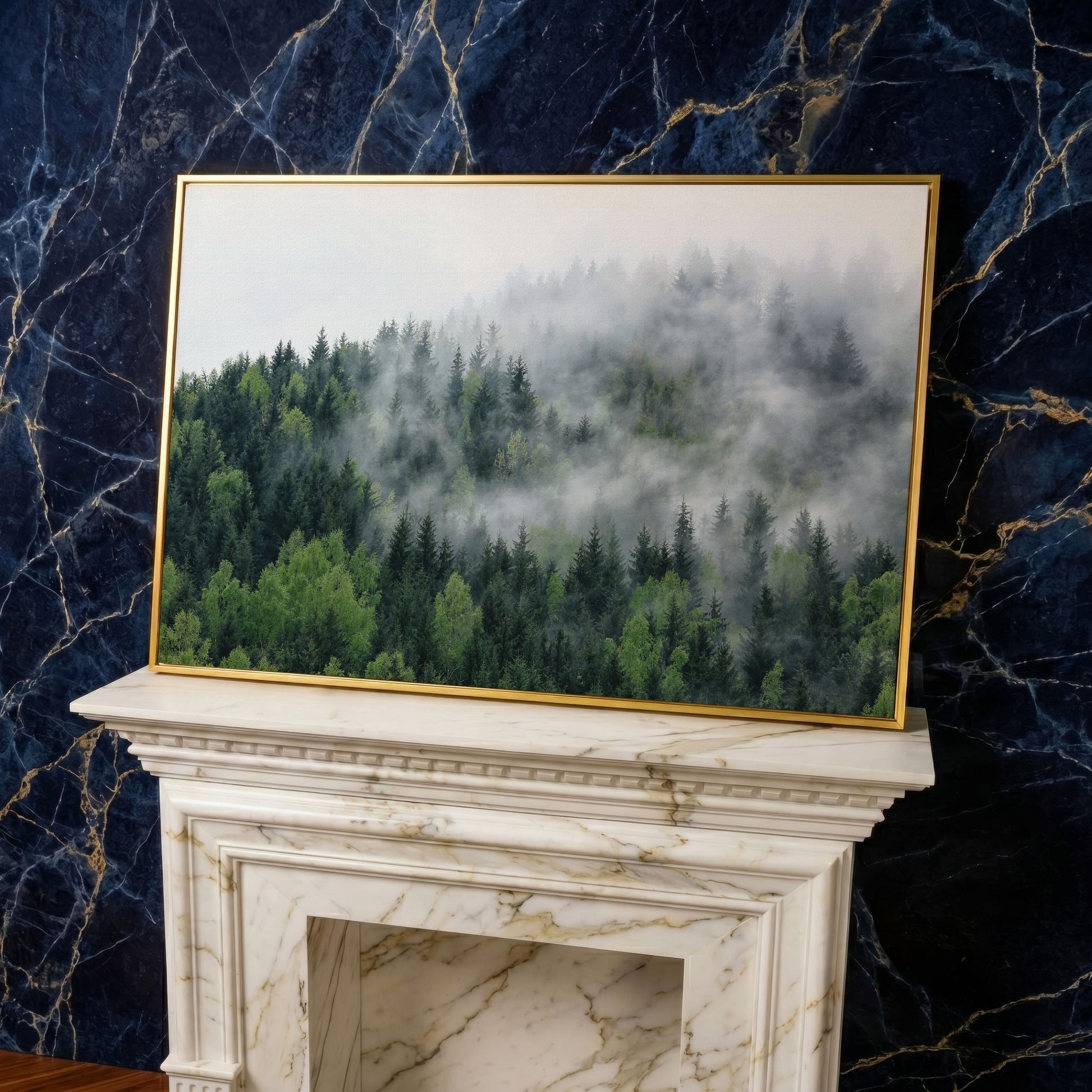 Misty Pine Forest Canvas Wall Art, Foggy Landscape Print in yellow gold floating frame