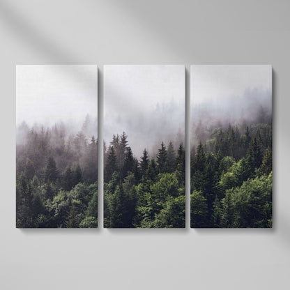 Foggy Pine Forest Canvas Wall Art, Misty Woodland Landscape as 3-panel split version