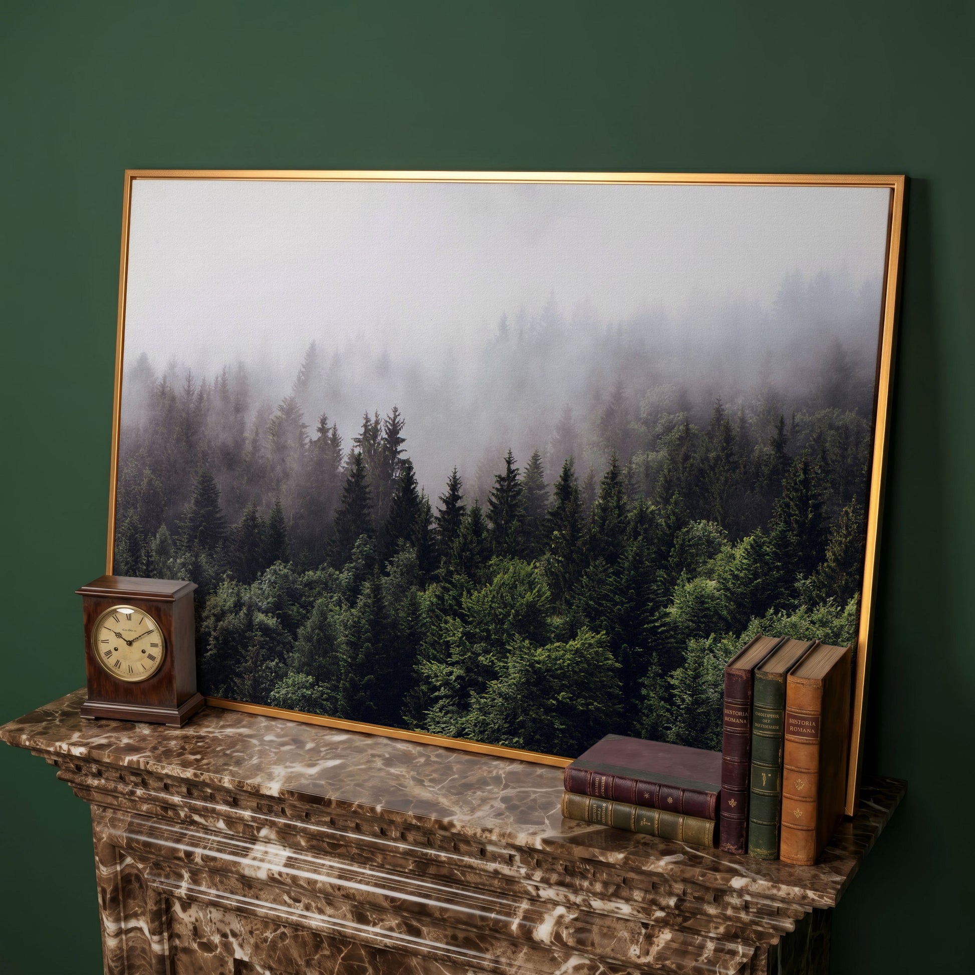 Foggy Pine Forest Canvas Wall Art, Misty Woodland Landscape in antique gold floating frame