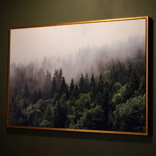 Foggy Pine Forest Canvas Wall Art, Misty Woodland Landscape shown in antique gold floating frame