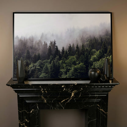 Foggy Pine Forest Canvas Wall Art, Misty Woodland Landscape in black floating frame