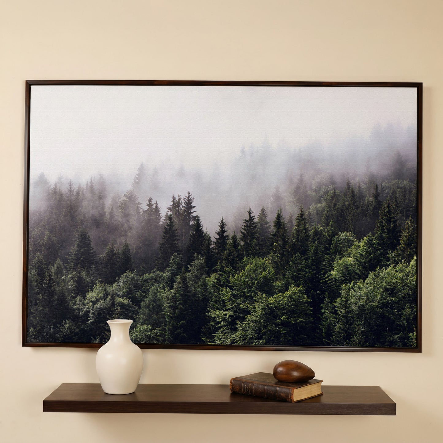 Foggy Pine Forest Canvas Wall Art, Misty Woodland Landscape in dark walnut floating frame