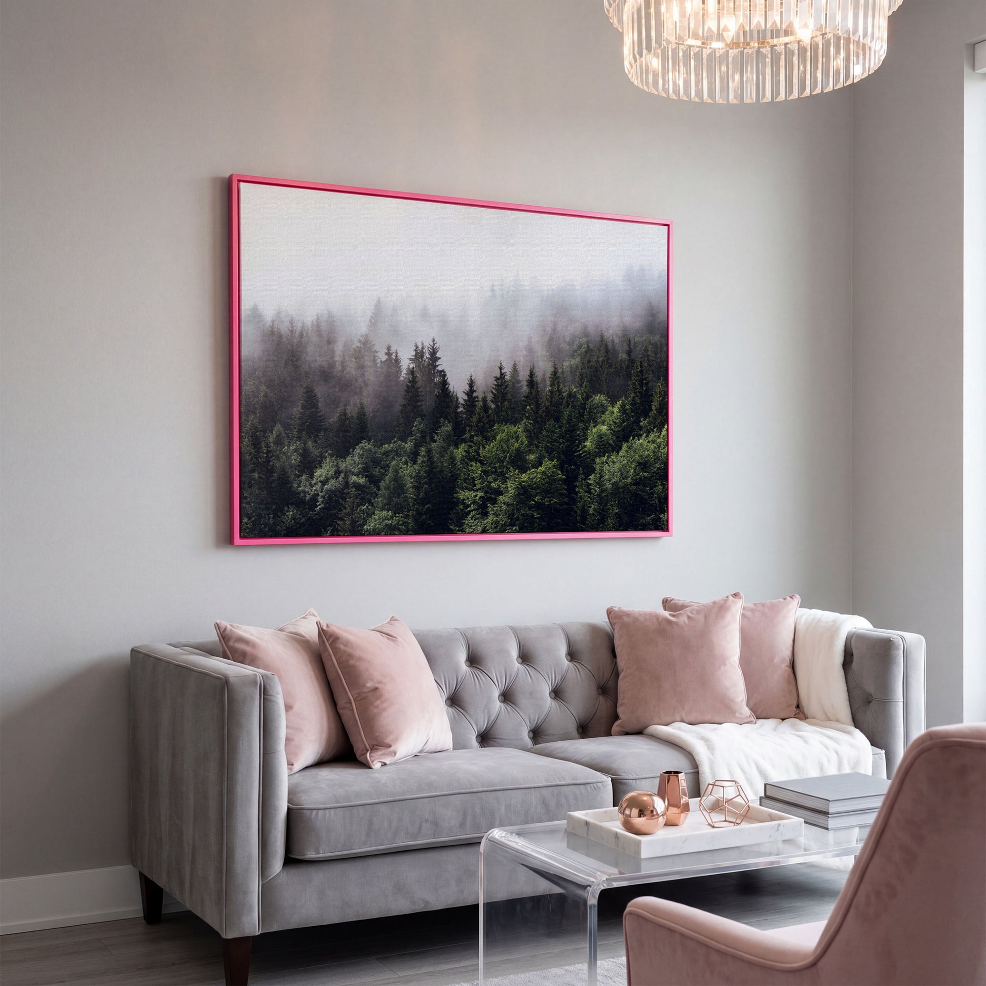 Foggy Pine Forest Canvas Wall Art, Misty Woodland Landscape in pink floating frame
