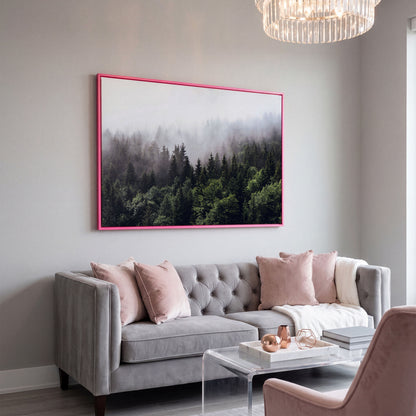 Foggy Pine Forest Canvas Wall Art, Misty Woodland Landscape in pink floating frame