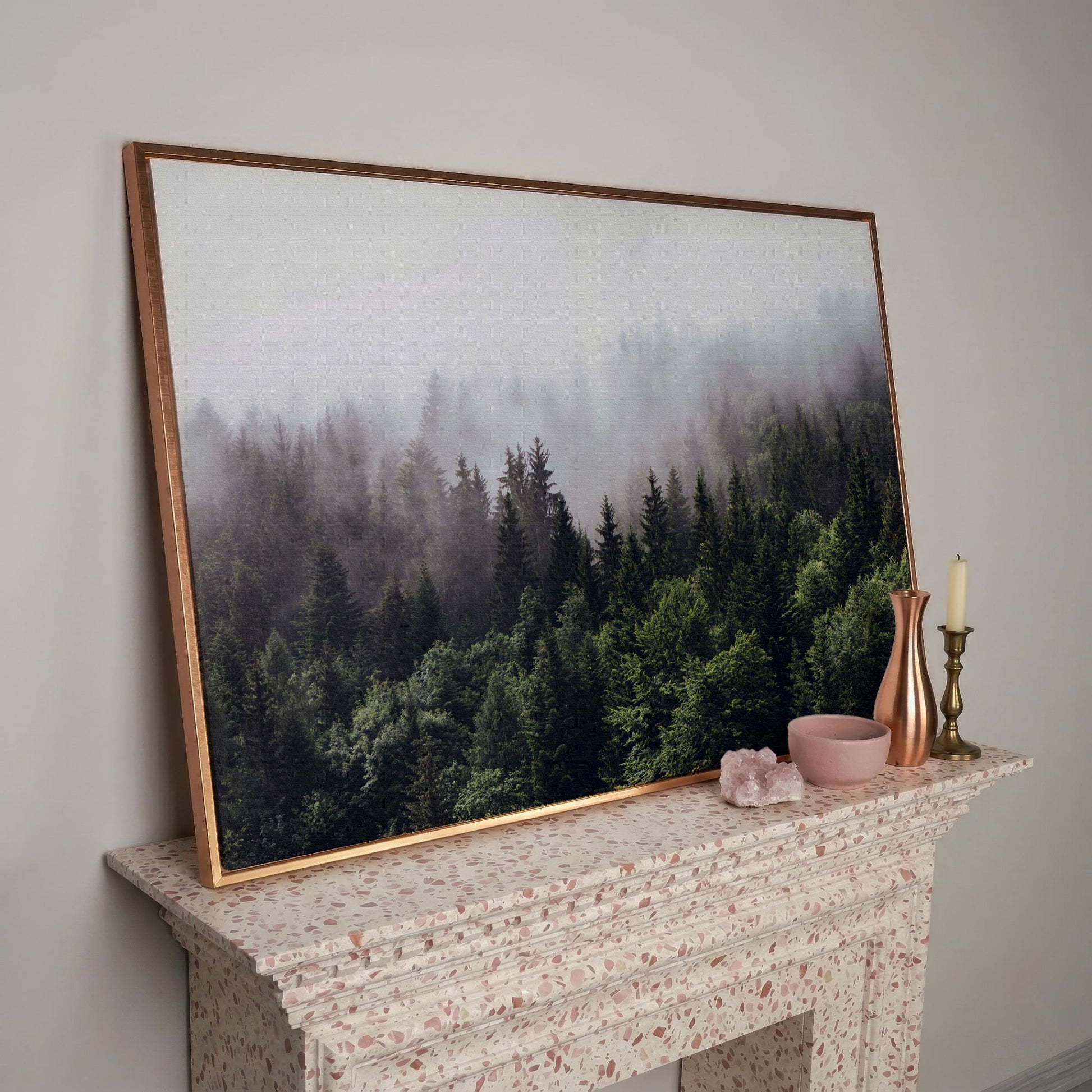 Foggy Pine Forest Canvas Wall Art, Misty Woodland Landscape in rose gold floating frame