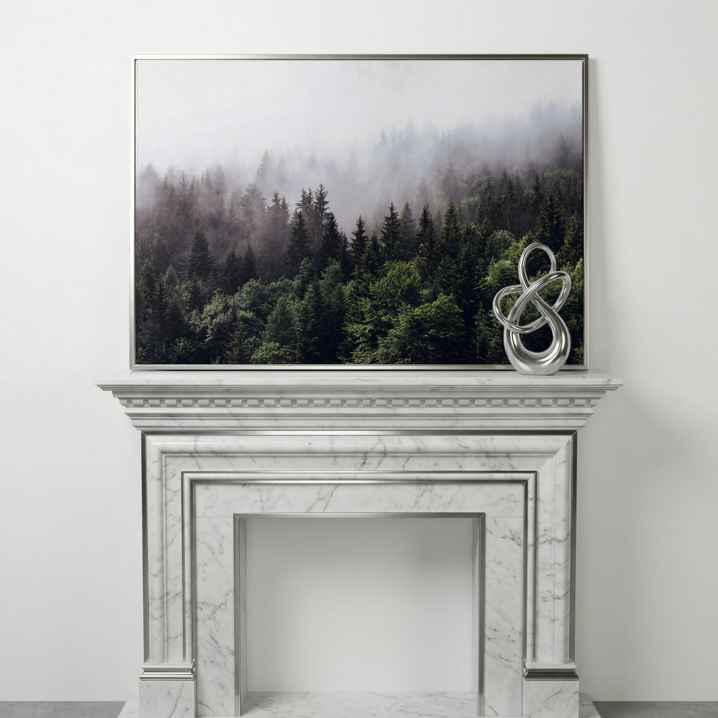 Foggy Pine Forest Canvas Wall Art, Misty Woodland Landscape in silver floating frame
