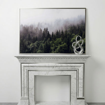 Foggy Pine Forest Canvas Wall Art, Misty Woodland Landscape in silver floating frame