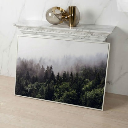 Foggy Pine Forest Canvas Wall Art, Misty Woodland Landscape in white floating frame