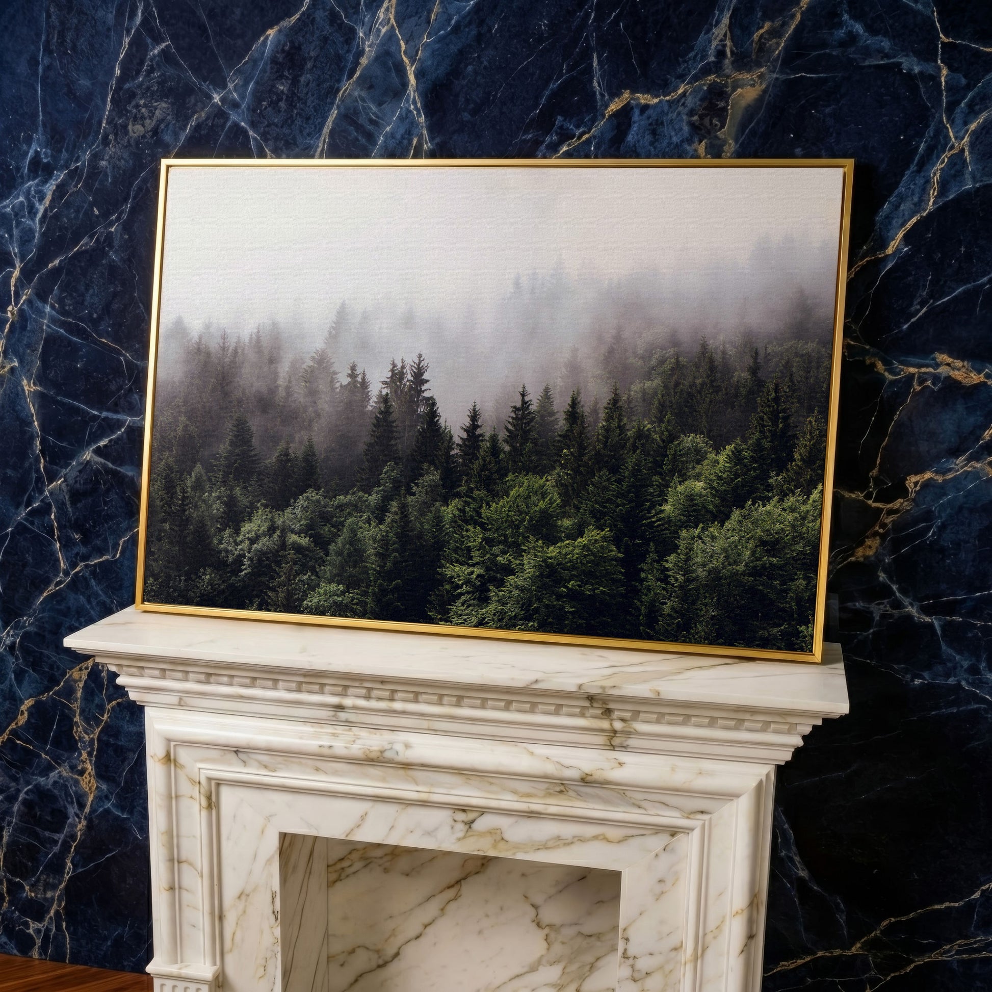Foggy Pine Forest Canvas Wall Art, Misty Woodland Landscape in yellow gold floating frame