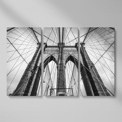 Brooklyn Bridge Tower and Cables Close-Up Canvas Wall Art as 3-panel split version