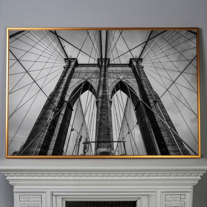 Brooklyn Bridge Tower and Cables Close-Up Canvas Wall Art in antique gold floating frame