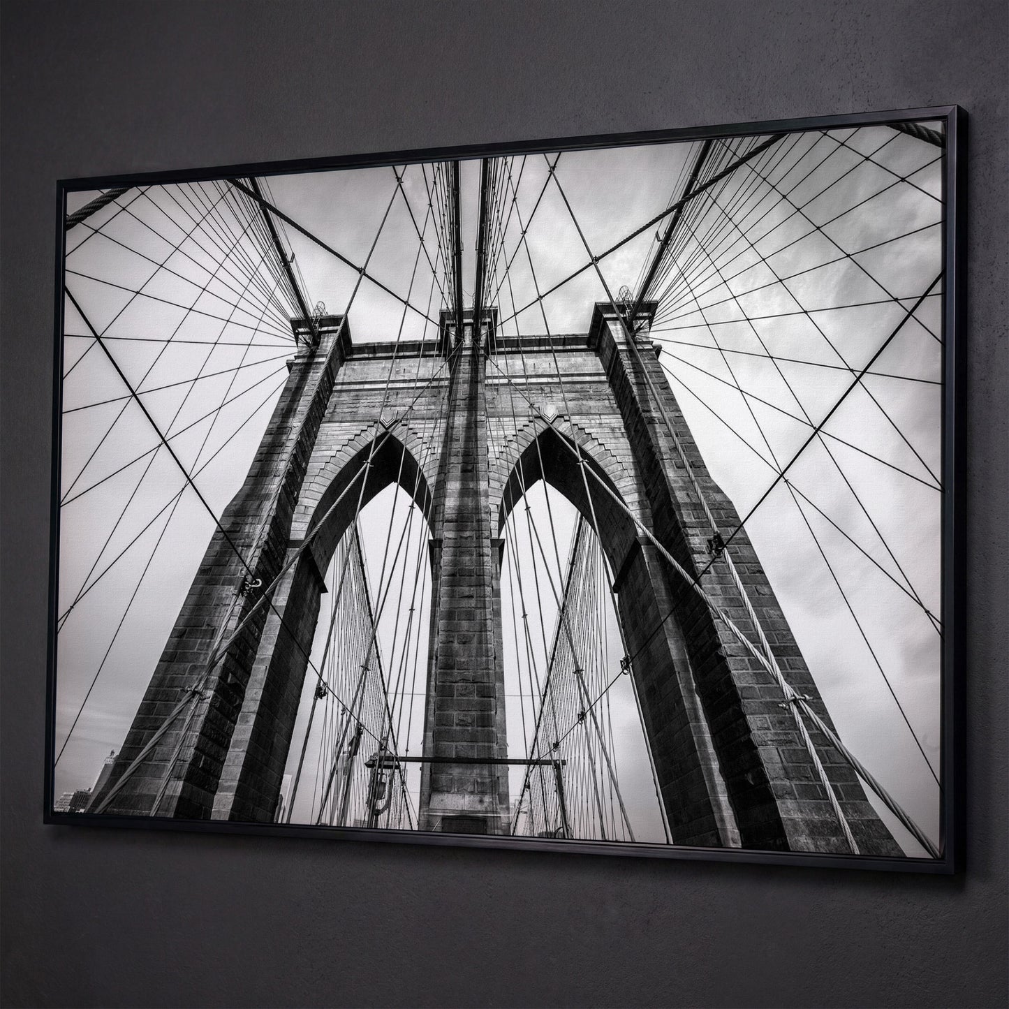 Brooklyn Bridge Tower and Cables Close-Up Canvas Wall Art shown in black floating frame