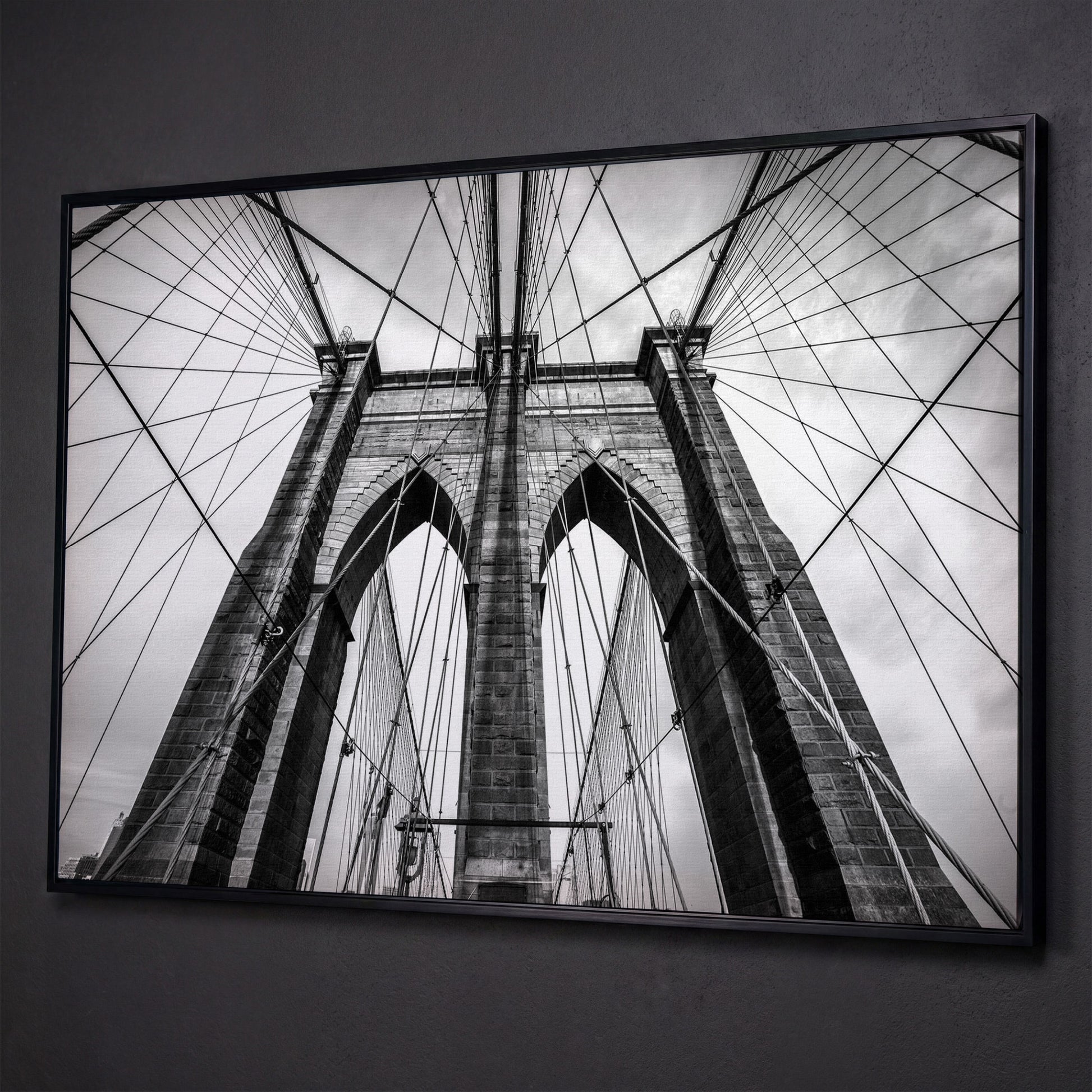Brooklyn Bridge Tower and Cables Close-Up Canvas Wall Art shown in black floating frame