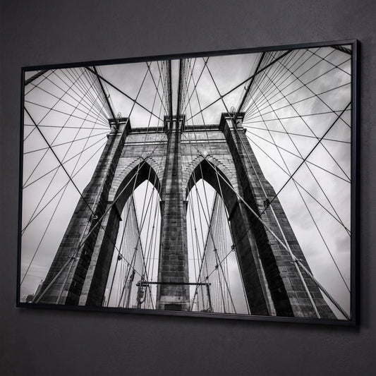 Brooklyn Bridge Tower and Cables Close-Up Canvas Wall Art shown in black floating frame