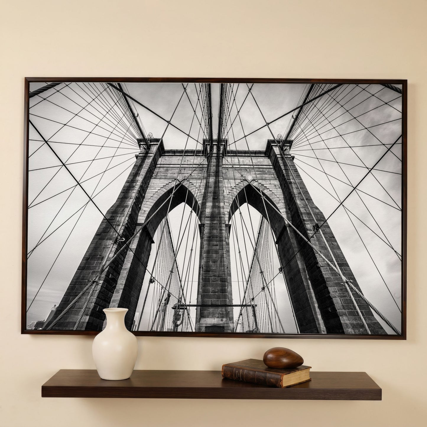 Brooklyn Bridge Tower and Cables Close-Up Canvas Wall Art in dark walnut floating frame