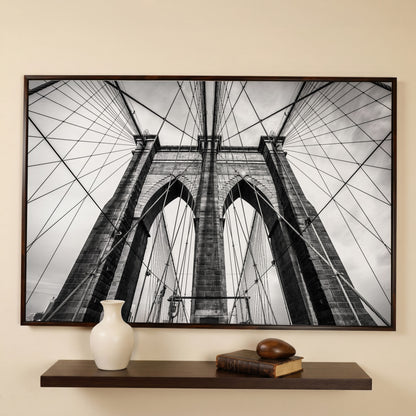 Brooklyn Bridge Tower and Cables Close-Up Canvas Wall Art in dark walnut floating frame