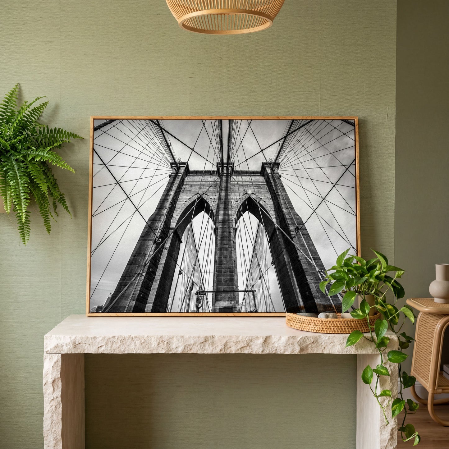 Brooklyn Bridge Tower and Cables Close-Up Canvas Wall Art in white oak floating frame